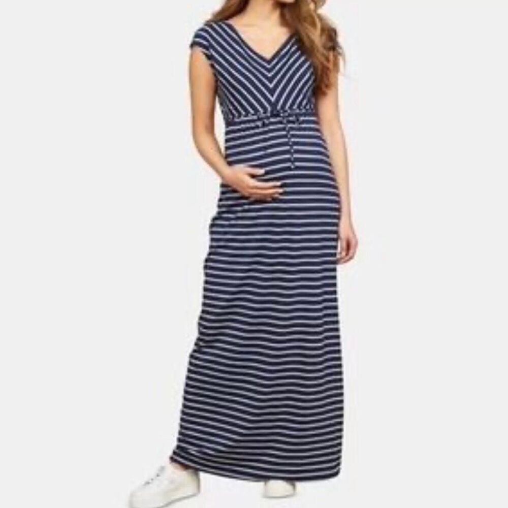 Motherhood, Maternity Blue & Gray Striped Maxi Dress, Waist Ties, Women’s Medium